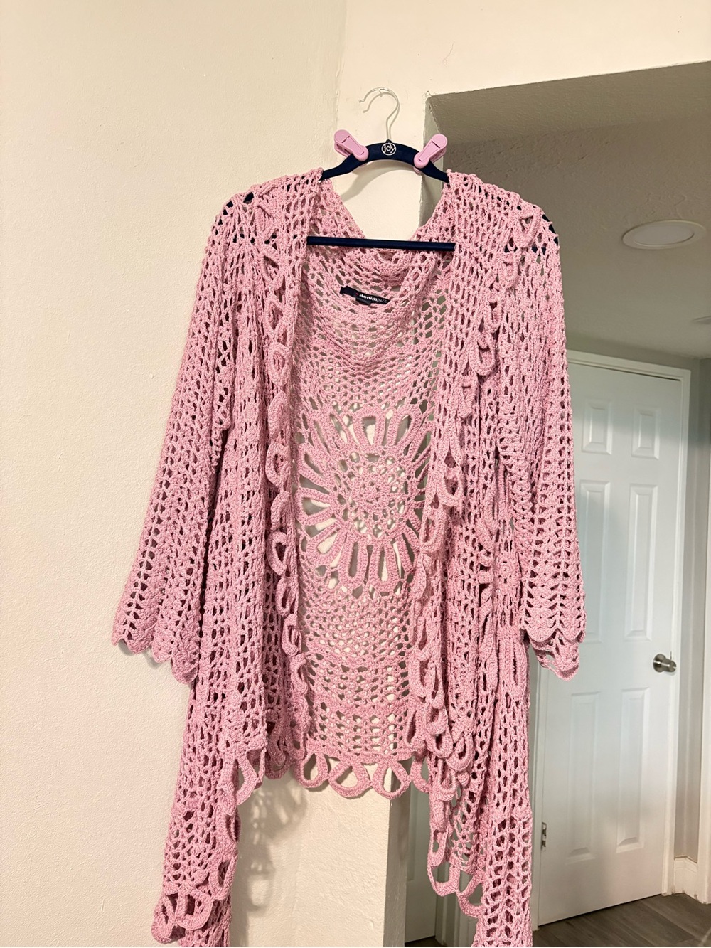 Denim 24/7 Pink Crochet Open-Front Cardigan - Plus Size